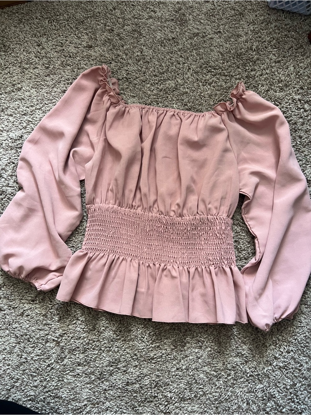 Smocked Waist Blouson Long-Sleeve Top in Dusty Rose